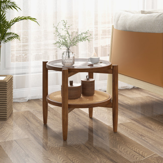 Round Rattan Side Table with Glass Top and Storage 6 Round Rattan Side Table with Glass Top and Storage - Image 6