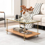 Modern 2-Tier Glass Coffee Table with Gold Steel Frame 8 Modern 2-Tier Glass Coffee Table with Gold Steel Frame