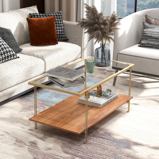 Modern 2-Tier Glass Coffee Table with Gold Steel Frame 2 Modern 2-Tier Glass Coffee Table with Gold Steel Frame - Image 2