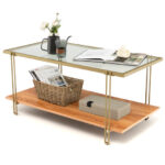Modern 2-Tier Glass Coffee Table with Gold Steel Frame 11 Modern 2-Tier Glass Coffee Table with Gold Steel Frame