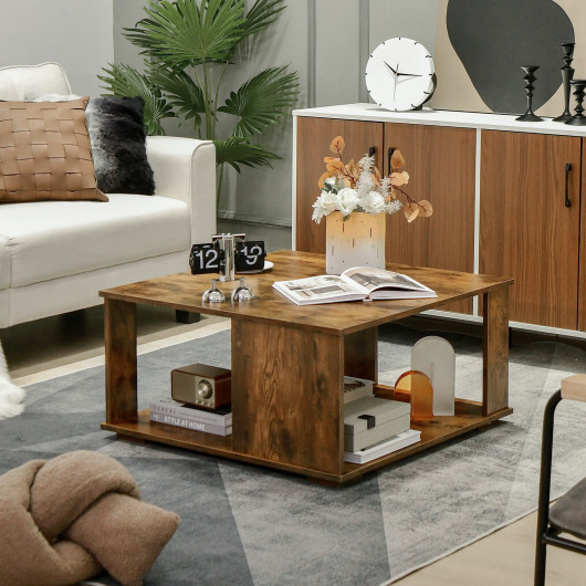 Rustic Brown 2 Tier Square Coffee Table with Storage - Cave Supplies