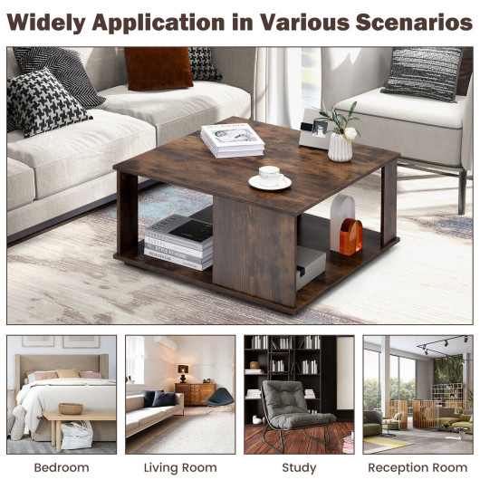 Rustic Brown 2 Tier Square Coffee Table with Storage 5 Rustic Brown 2 Tier Square Coffee Table with Storage - Image 5