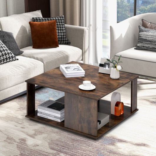 Rustic Brown 2 Tier Square Coffee Table with Storage - Cave Supplies