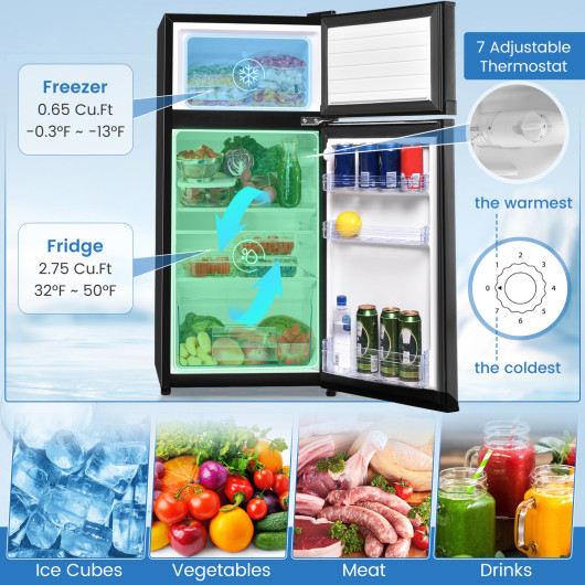 Black 2 Door Compact Refrigerator with Freezer 3.4 Cu. Ft.