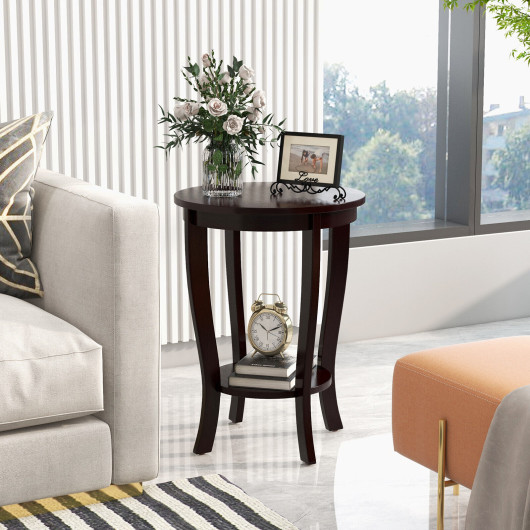 Mid-Century 2-Tier Round End Table with Wood Legs 1 Mid-Century 2-Tier Round End Table with Wood Legs