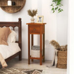 Slim 2-Tier Wooden Side Table with Drawer and Shelf