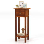 Slim 2-Tier Wooden Side Table with Drawer and Shelf