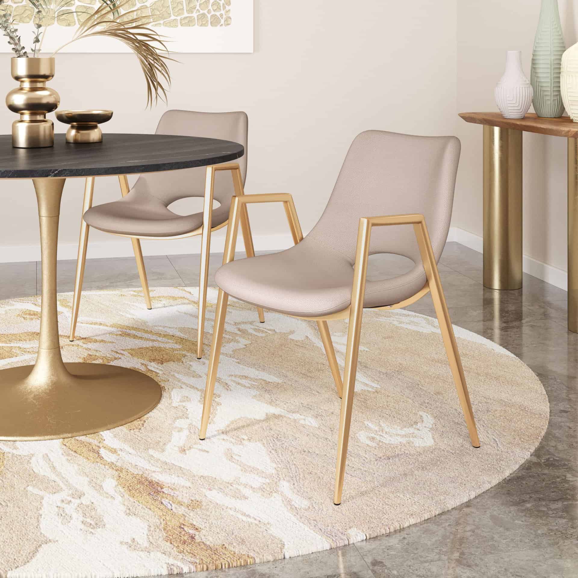Beige Faux Leather Dining Chair with Gold Steel Legs (Set of 2)