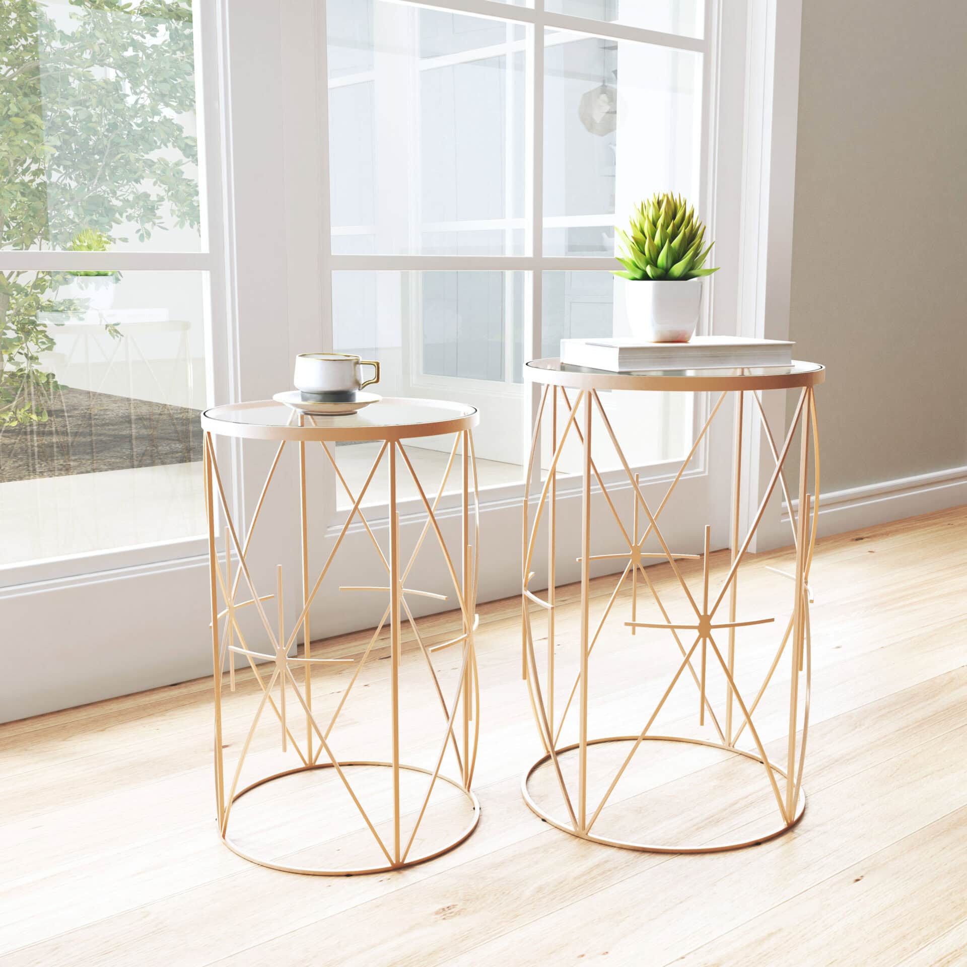 Gold Round Side Tables with White Top (Set of 2) 1 Gold Round Side Tables with White Top (Set of 2)