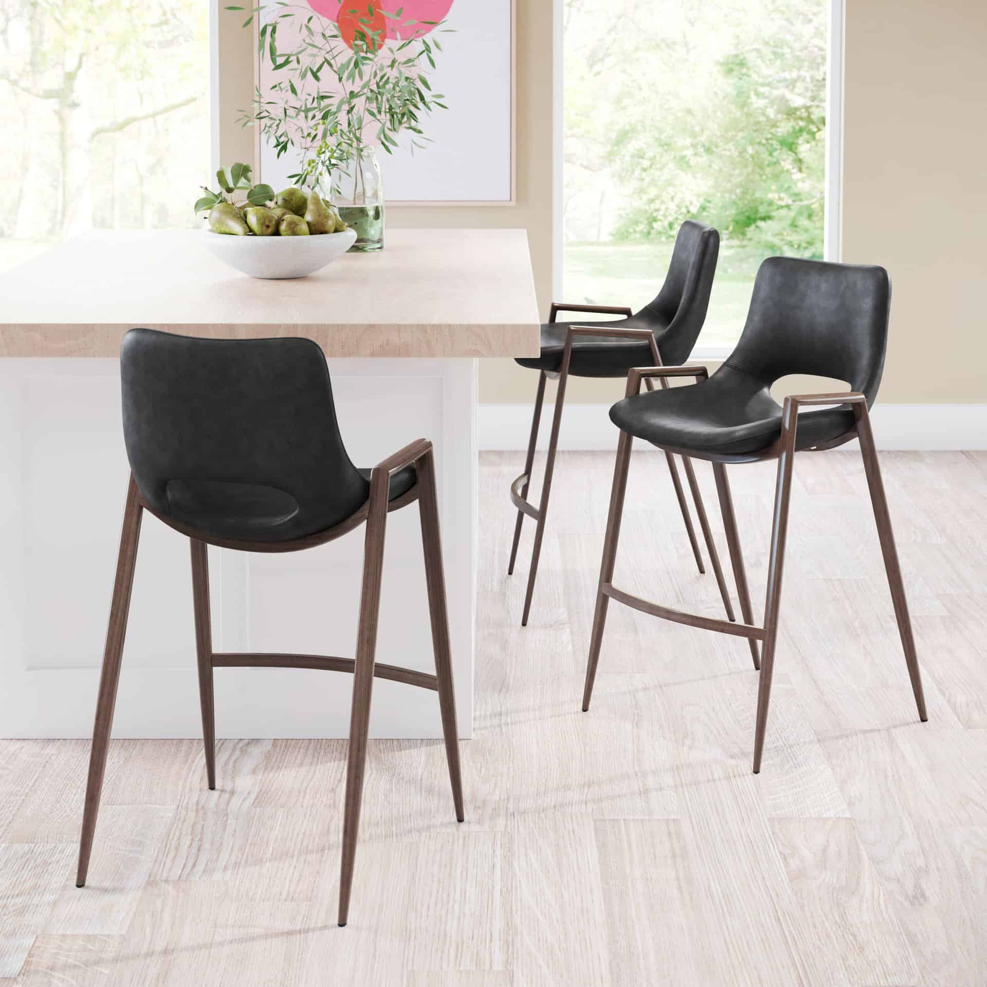 Mid-Century Modern Black and Walnut Counter Stool with Footrest (Set of 2)