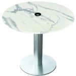 30-Inch Tall Indoor/Outdoor Table with 32-Inch Diameter White Marble Round Top with Umbrella Hole, Brushed Aluminum Base, and 18-Inch Diameter Foot