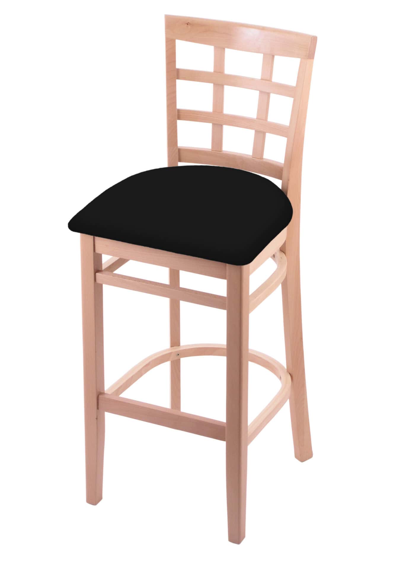 Hampton 30-Inch Wood Bar Stool with Natural Finish, Black Vinyl Wood Seat, and Grid Back 1 Hampton 30-Inch Wood Bar Stool with Natural Finish, Black Vinyl Wood Seat, and Grid Back