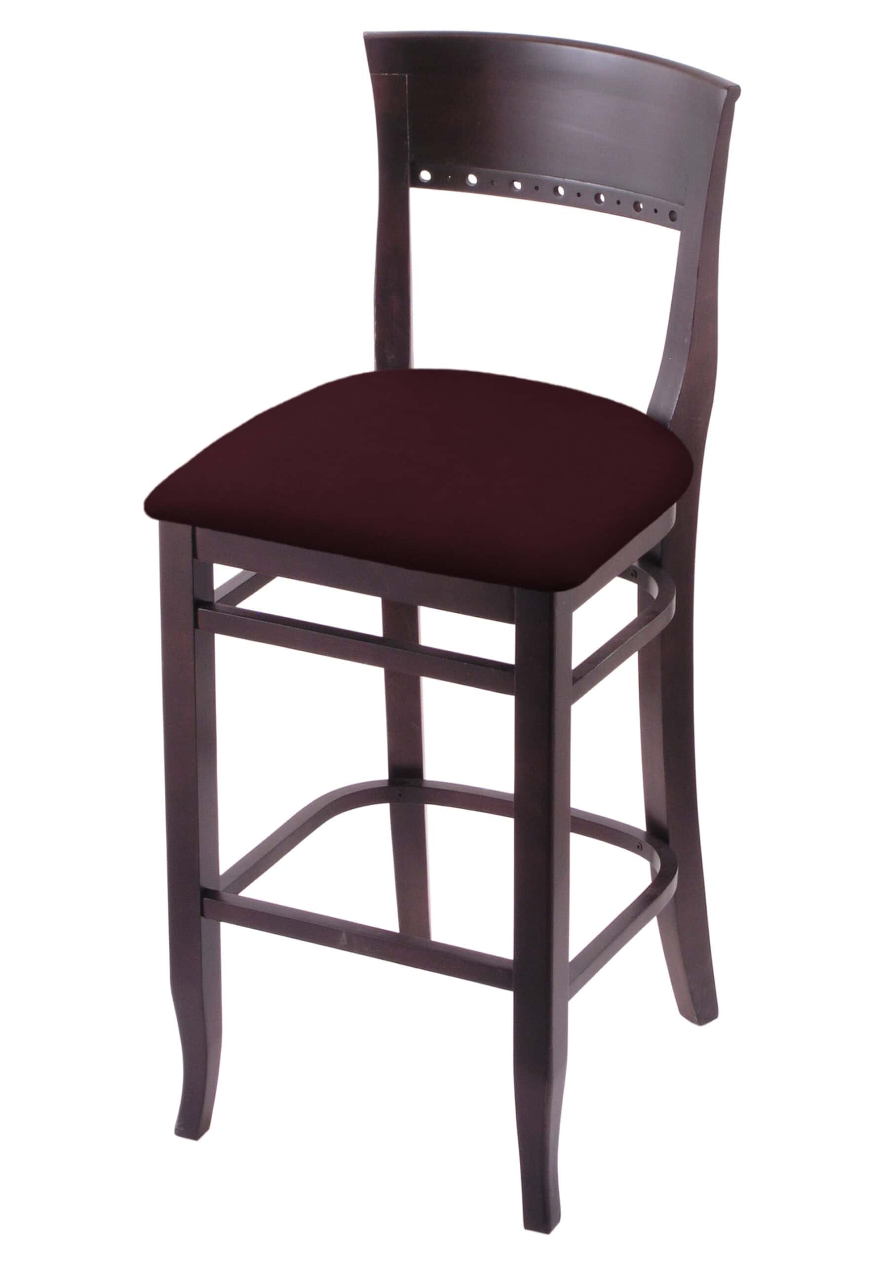 Hampton 30-Inch Wood Bar Stool with Dark Cherry Finish, Canter Bordeaux Wood Seat, and Curved Decorative Back 3 Hampton 30-Inch Wood Bar Stool with Dark Cherry Finish, Canter Bordeaux Wood Seat, and Curved Decorative Back