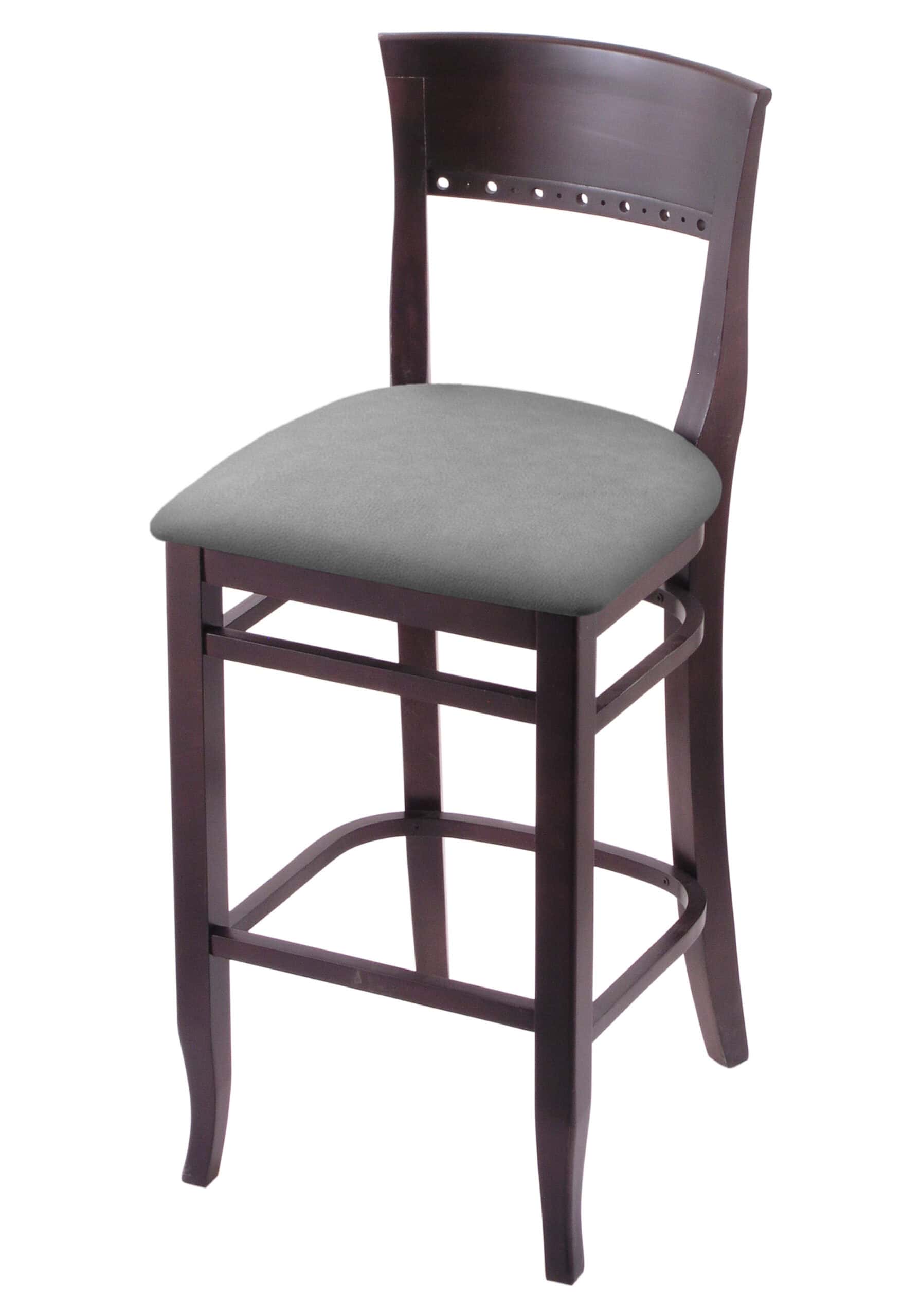 Hampton 30-Inch Wood Bar Stool with Dark Cherry Finish, Canter Folkstone Grey Wood Seat, and Curved Decorative Back 3 Hampton 30-Inch Wood Bar Stool with Dark Cherry Finish, Canter Folkstone Grey Wood Seat, and Curved Decorative Back