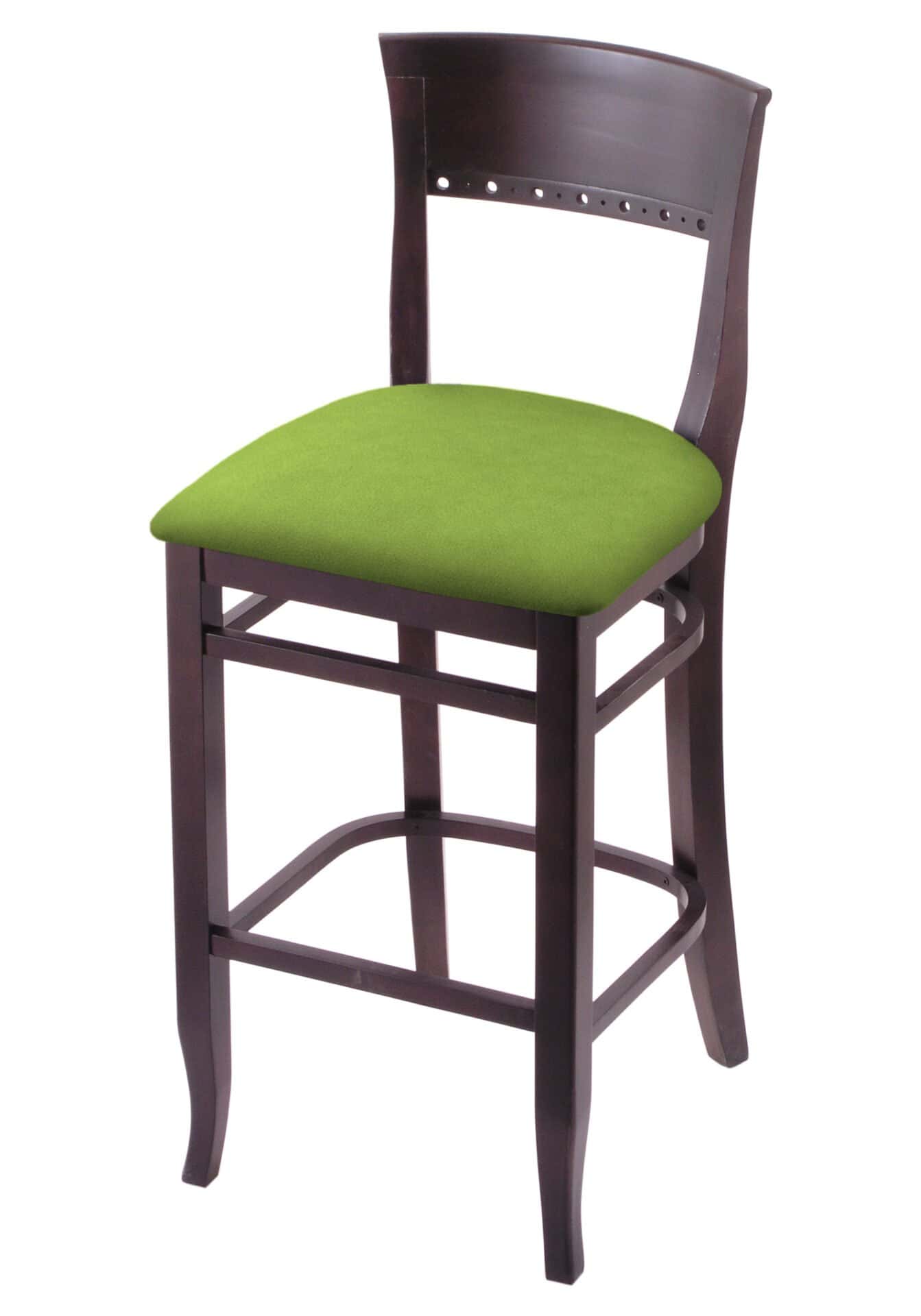 Hampton 30-Inch Wood Bar Stool with Dark Cherry Finish, Canter Kiwi Green Wood Seat, and Curved Decorative Back 1 Hampton 30-Inch Wood Bar Stool with Dark Cherry Finish, Canter Kiwi Green Wood Seat, and Curved Decorative Back