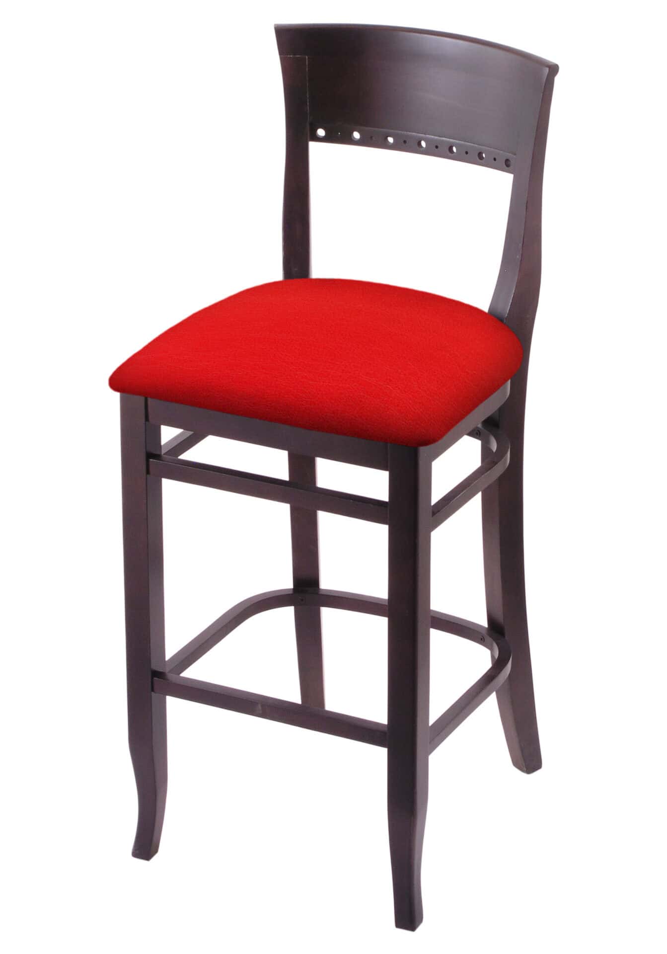 Hampton 30-Inch Wood Bar Stool with Dark Cherry Finish, Canter Red Wood Seat, and Curved Decorative Back 1 Hampton 30-Inch Wood Bar Stool with Dark Cherry Finish, Canter Red Wood Seat, and Curved Decorative Back