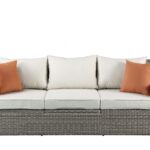Three Piece Outdoor Wicker Sectional with Beige Cushions and Table