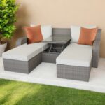 Three Piece Outdoor Wicker Sectional with Beige Cushions and Table