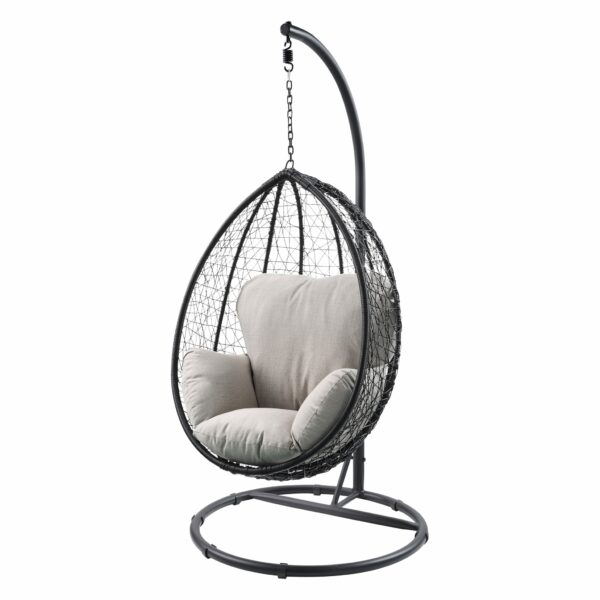 38" Black Metal Swing Chair with Beige Cushion