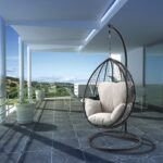38" Black Metal Swing Chair with Beige Cushion