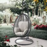 38" Black Metal Swing Chair with Beige Cushion