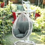 38" White Metal Swing Chair With Green Cushion