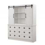 White Wood Dining Hutch with Nine Drawers and Sliding Doors 9 White Wood Dining Hutch with Nine Drawers and Sliding Doors