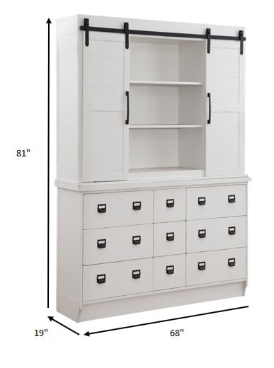 White Wood Dining Hutch with Nine Drawers and Sliding Doors 5 White Wood Dining Hutch with Nine Drawers and Sliding Doors - Image 5