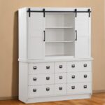 White Wood Dining Hutch with Nine Drawers and Sliding Doors 7 White Wood Dining Hutch with Nine Drawers and Sliding Doors