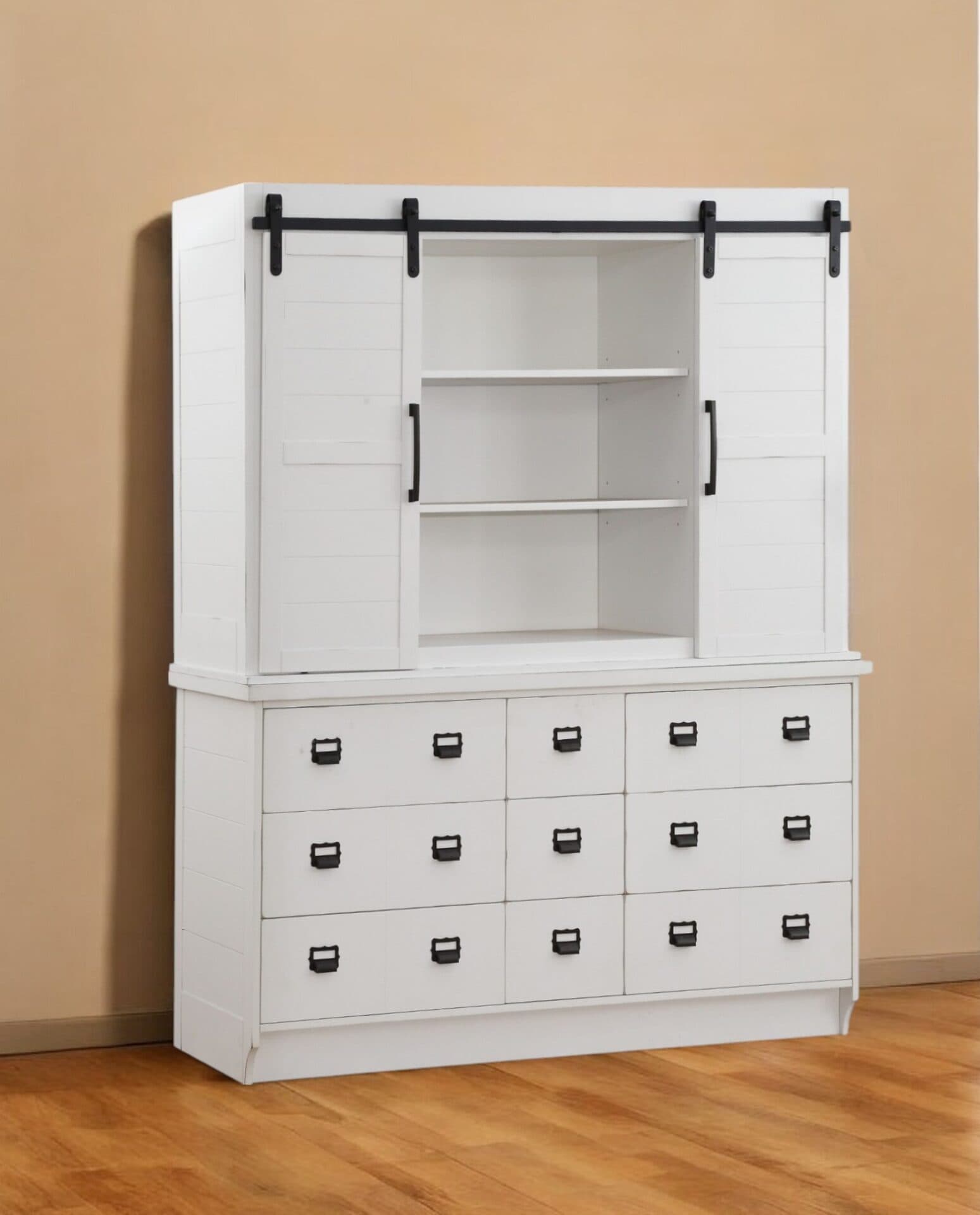 White Wood Dining Hutch with Nine Drawers and Sliding Doors 1 White Wood Dining Hutch with Nine Drawers and Sliding Doors