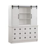 White Wood Dining Hutch with Nine Drawers and Sliding Doors 8 White Wood Dining Hutch with Nine Drawers and Sliding Doors