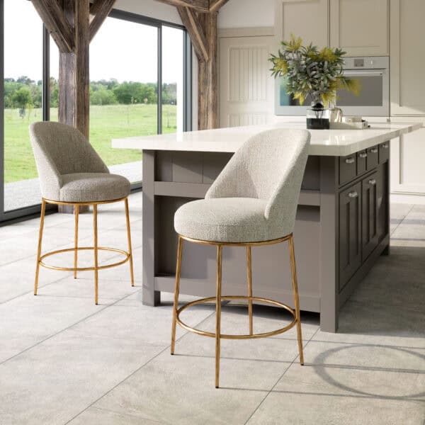 Beige and Gold Swivel Counter Stool with Forged Steel Frame
