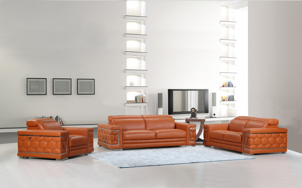 Three Piece Camel Italian Leather Seating Set, Modern Design 7 Three Piece Camel Italian Leather Seating Set, Modern Design - Image 7