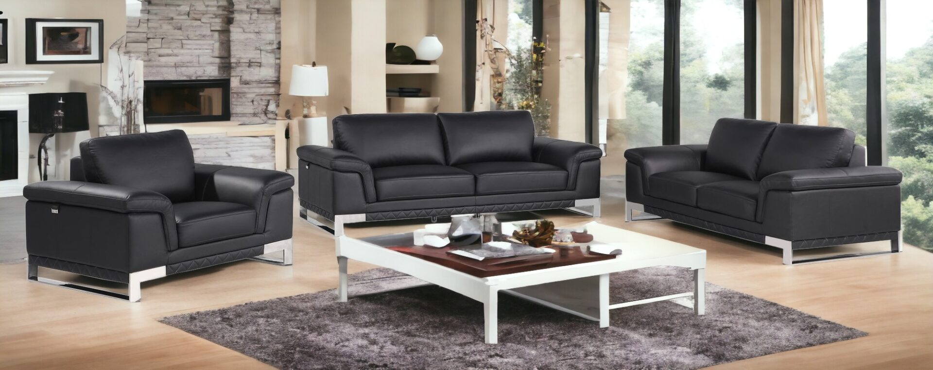 Indoor Black Italian Leather 6-Person Seating Set, 3-Piece 2 Indoor Black Italian Leather 6-Person Seating Set, 3-Piece - Image 2