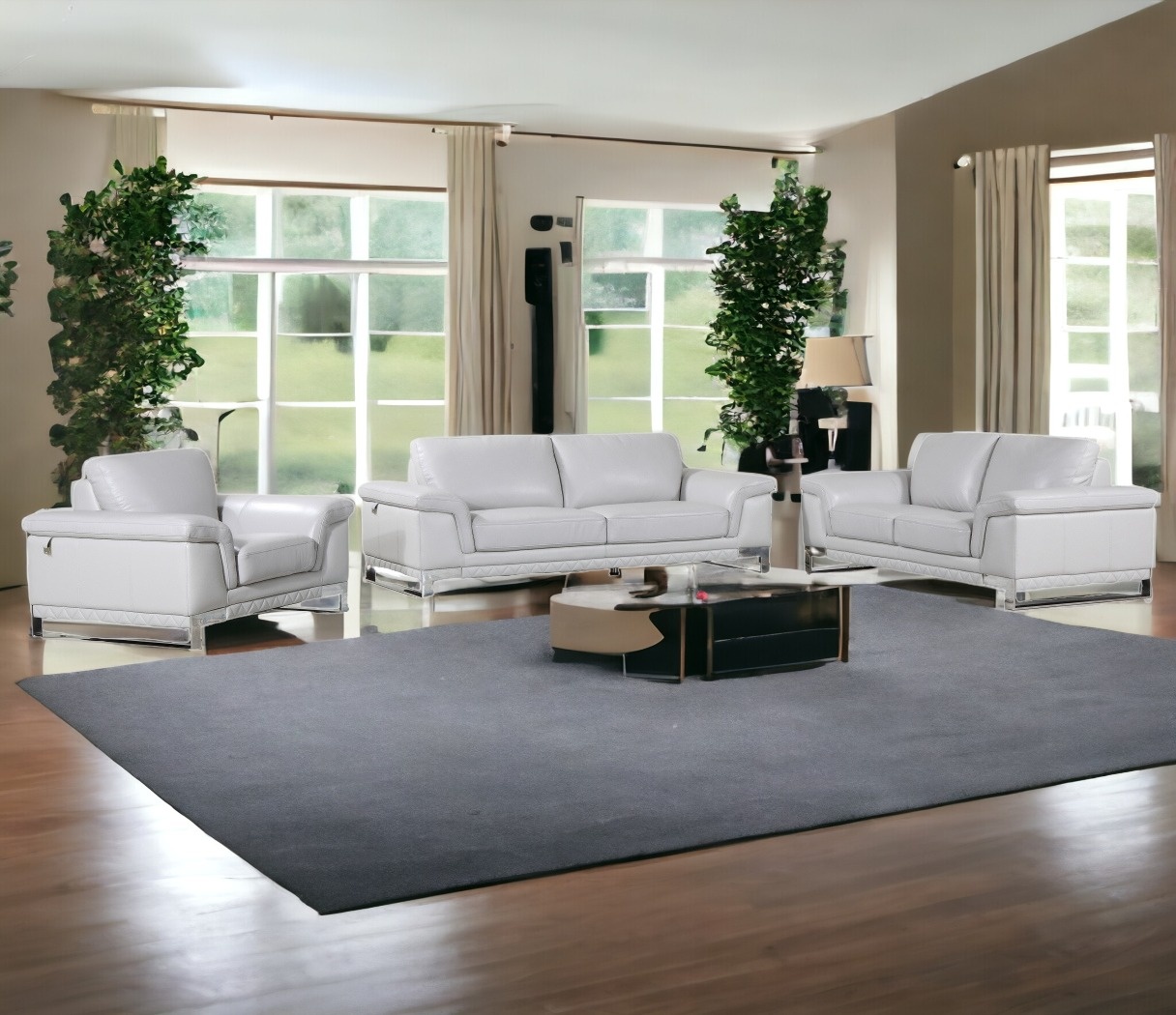 Three Piece Light Gray Italian Leather Seating Set for Six 2 Three Piece Light Gray Italian Leather Seating Set for Six - Image 2