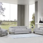 Three Piece Light Gray Italian Leather Six Person Sofa Set