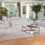 Three Piece Light Gray Italian Leather Six Person Sofa Set