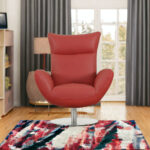 37 Inch Red and Silver Genuine Leather Swivel Accent Chair