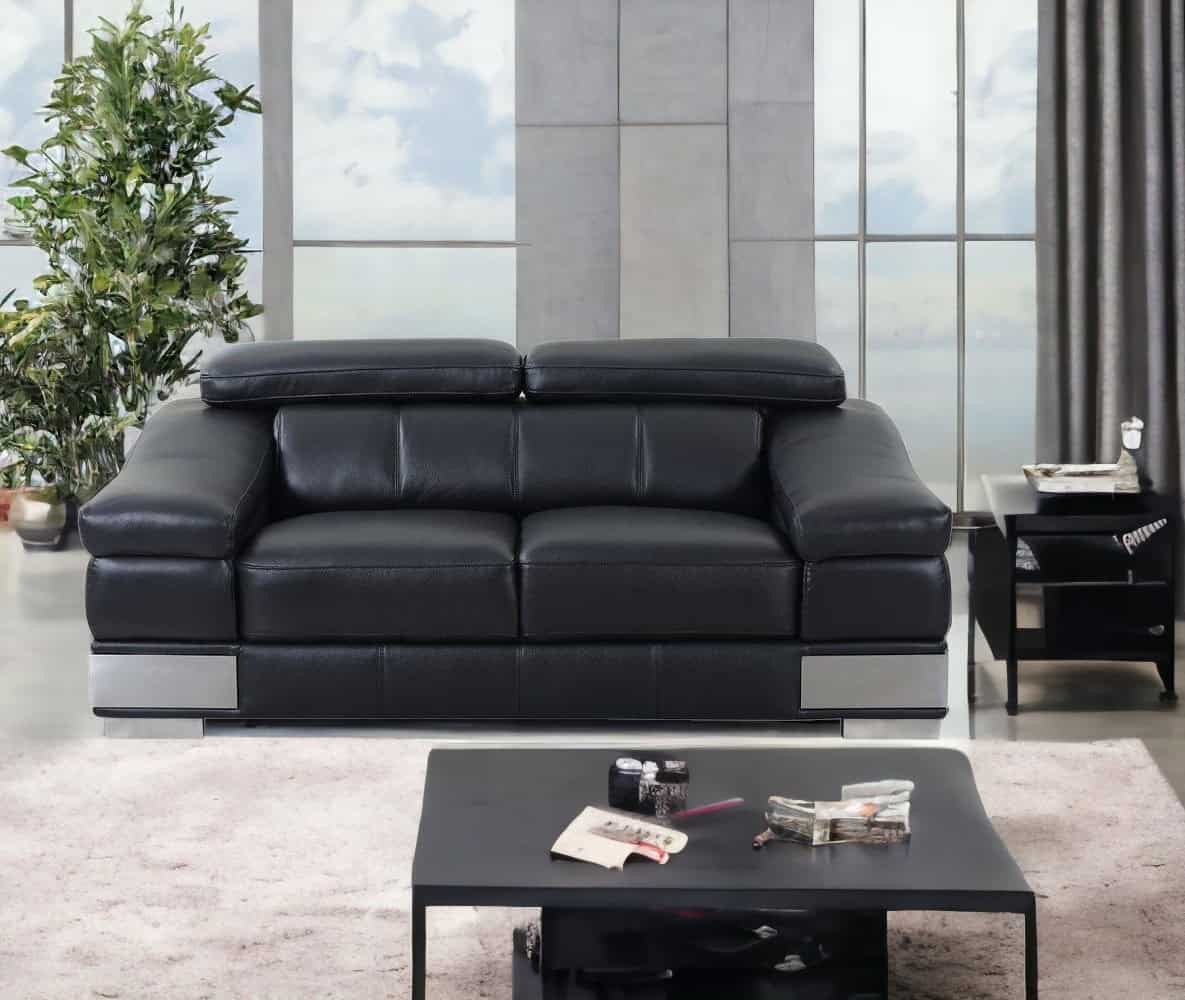 Black and Silver Genuine Leather Love Seat with Metal Legs 2 Black and Silver Genuine Leather Love Seat with Metal Legs - Image 2