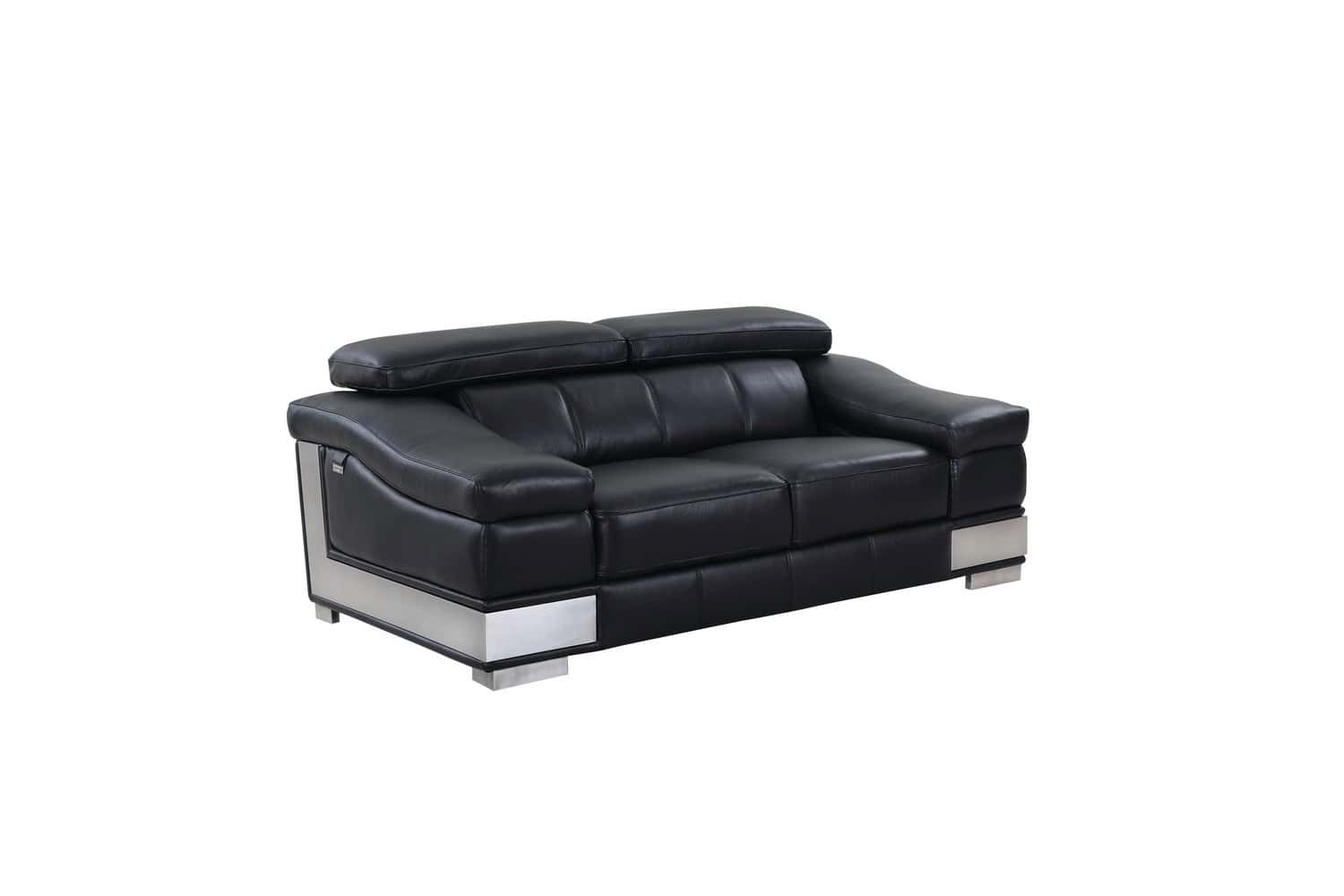 Black and Silver Genuine Leather Love Seat with Metal Legs 3 Black and Silver Genuine Leather Love Seat with Metal Legs - Image 3