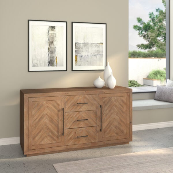Weathered Natural Solid Pine Sideboard with Chevron Pattern Front