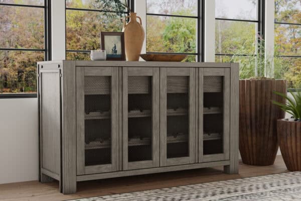Grey and Black Industrial Rustic Pine Sideboard with Wine Storage
