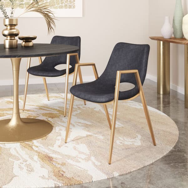 Black and Gold Mid-Century Modern Dining Chair with Faux Leather (Set of 2)