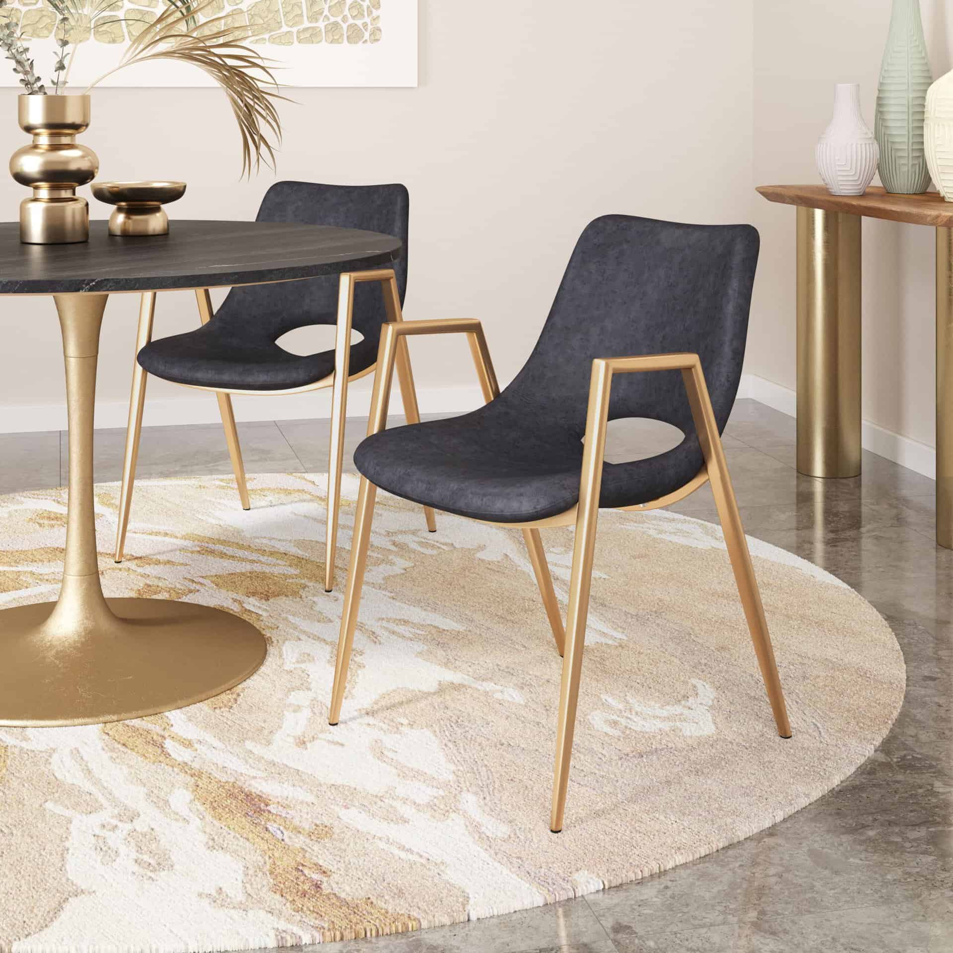Black and Gold Mid-Century Modern Dining Chair with Faux Leather (Set of 2)