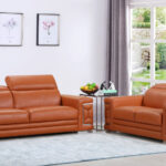 Two Piece Camel Italian Leather Five Person Seating Set