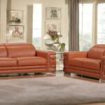 Two Piece Camel Italian Leather Five Person Seating Set