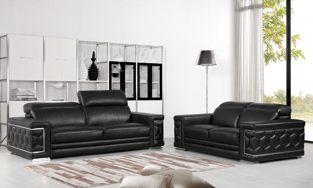 Black Italian Leather Sofa and Loveseat Set, Seats 5 9 Black Italian Leather Sofa and Loveseat Set, Seats 5 - Image 9