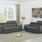 Gray Genuine Leather 5-Person Sofa and Loveseat Set, 2-Piece