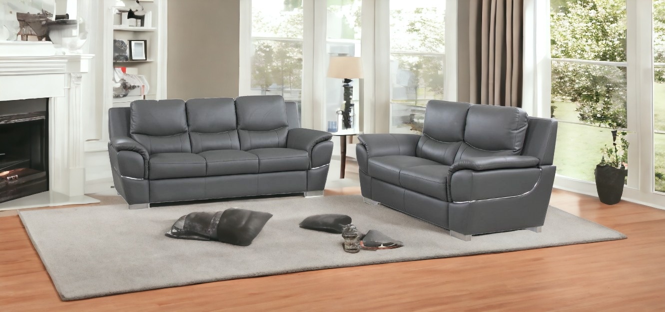 Two Piece Gray Leather Seating Set with Loveseat, Seats Five 2 Two Piece Gray Leather Seating Set with Loveseat, Seats Five - Image 2