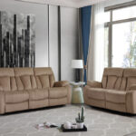 Two Piece Beige Microsuede Reclining Sofa and Loveseat Seating Set